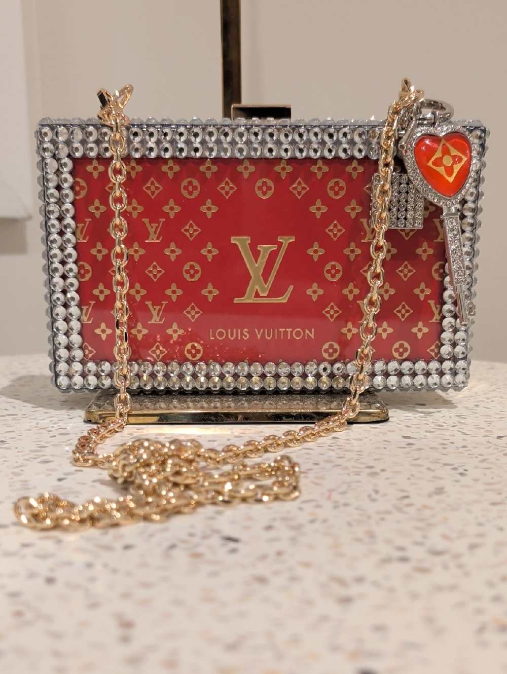 Upcycled Monogram Crystal-Trim Box Clutch with Clear Chain